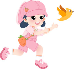 A young girl in pink overalls and cap catching a yellow bird in a playful outdoor setting