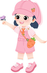 A young girl in pink overall dress holding a butterfly 