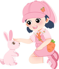 Young girl in pink outfit kneeling beside a rabbit holding a carrot, tender moment between child and animal, petting a rabbit