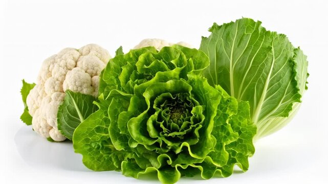 Fresh cauliflower and green lettuce leaves arranged on a white background