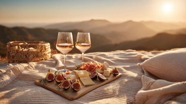 Romantic sunset picnic with wine and cheese board overlooking rolling hills. Enjoying a delightful charcuterie spread and rose wine on a blanket amidst a breathtaking mountain vista at golden hour