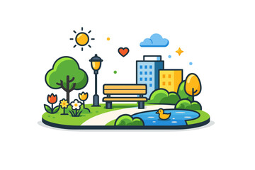 Naklejka premium Spring city park a compact green space with flowers, trees, and light decorative accents representing freshness and everyday urban happiness. Minimalist flat