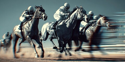 Fototapeta premium Racehorses in a line gallop to the Victory Line together, the effect of speed. Blurred code from speed.