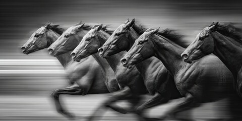 Racehorses in a line gallop to the Victory Line together, the effect of speed. Blurred code from speed.