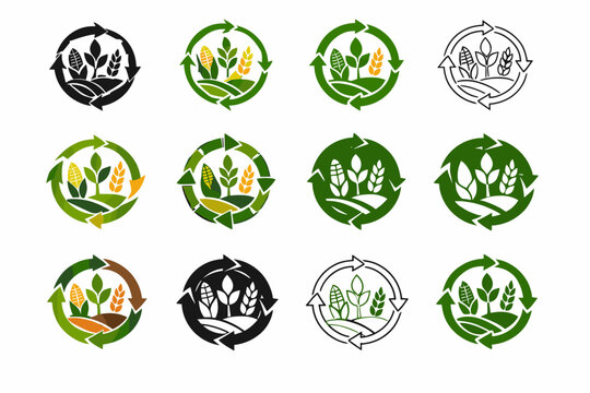 Eco-friendly farming techniques for small-scale farms. Icon set. Set Logo of Eco-friendly farming techniques for small-scale farms: crop rotation circular