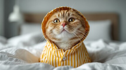 cat is wearing cute pajamas. The pajamas are made of yellow and white striped seersucker fabric