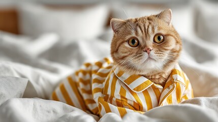 cat is wearing cute pajamas. The pajamas are made of yellow and white striped seersucker fabric