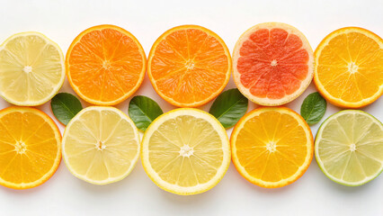 Fototapeta premium Slices of different citrus fruits arranged in a line with green leaves on a light background during daytime
