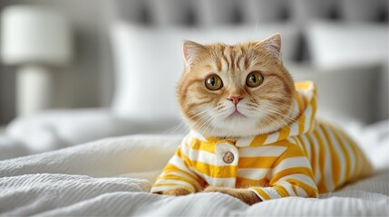 cat is wearing cute pajamas. The pajamas are made of yellow and white striped seersucker fabric