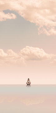 Serene poster. Woman meditating beneath soft clouds and warm sky. Concept of relaxation retreat advertising, self care blog visual and mindfulness course promotion banner.