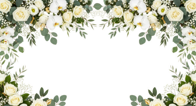 Elegant white rose and orchid floral border with eucalyptus leaves and baby's breath isolated PNG with Transparent Background