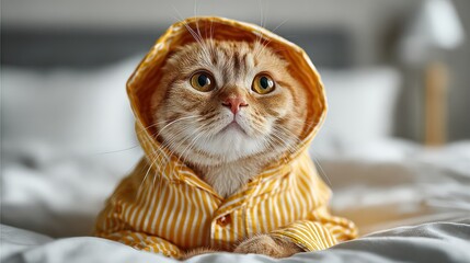 cat is wearing cute pajamas. The pajamas are made of yellow and white striped seersucker fabric