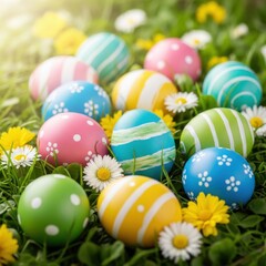 Fototapeta premium Pastel Easter Eggs Amidst Wildflowers Bathed in Sunlight, Symbolizing Spring