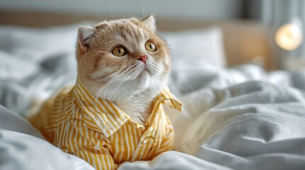 cat is wearing cute pajamas. The pajamas are made of yellow and white striped seersucker fabric
