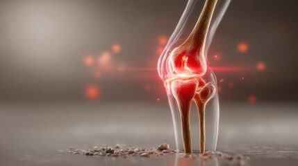 Realistic illustration of glowing red light on painful knee joint