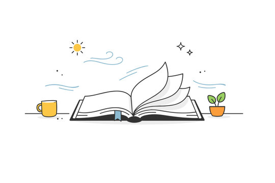 Ordinary life poetry. Open book on a table with breeze turning the pages, untouched for a moment as light filters in. Poetic stillness of inaction shown