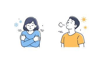 People reacting to temperature. A person wraps arms around themselves or exhales softly, responding to cold or warmth in a calm, everyday