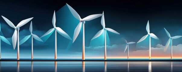 Naklejka premium Wind turbines glow on a dark blue background with geometric lights and horizon glow at night