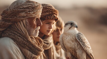 family making a safari in the desert of Dubai. Grandfather, in the nature and training falcon bird
