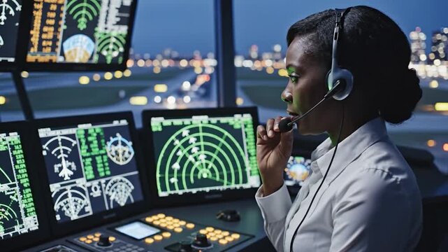 Professional woman monitors air traffic control screens at night