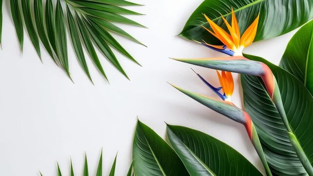 Exotic Bird of Paradise flowers and palm leaves arranged on a white background, top view