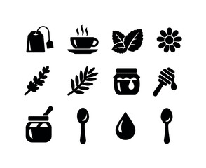 Naklejka premium Wellness herbal tea. Filled icon set of Wellness herbal tea: herbal bag, tea cup, mint