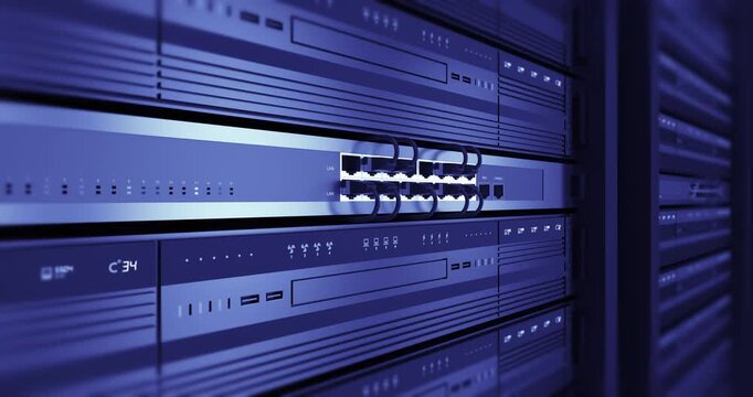 Close view of network cables connected to switch hardware. Technology Related 3D 4K Animation.