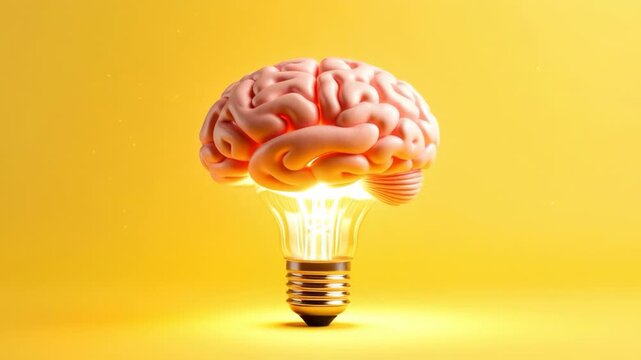 Symbolic glowing brain merged with a light bulb against a vibrant yellow background