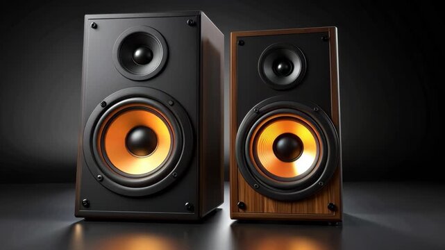 Two modern bookshelf speakers with bright yellow cones illuminated by warm light on a dark reflective surface