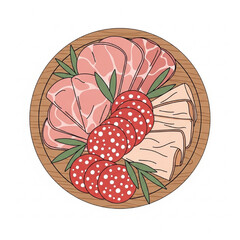 Minimalistic Cold Cuts Vector Illustration, Ham, Salami, and Turkey on Wooden Platter, Flat Design, Modern Appetizing Style