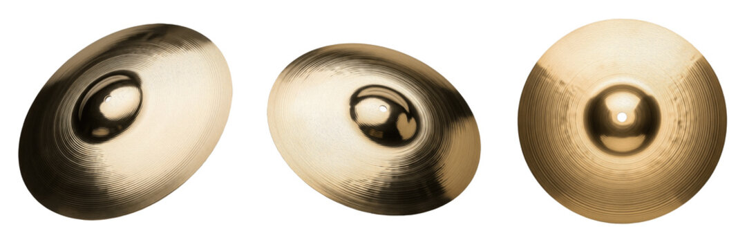 Three Brass Drum Cymbals Shown from Different Angles Isolated on a Clean White Background
