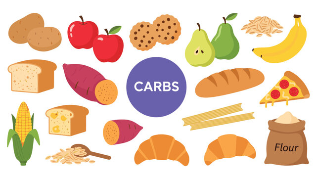 Collection of colorful cartoon illustrations of various carbohydrate-rich foods like bread, fruits, and vegetables.