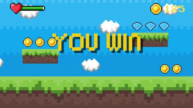 Pixelated game victory screen with collectible coins and gems on platforms, celebrating successful completion of a retro adventure with a triumphant feel
