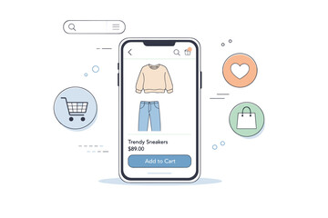 Mobile shopping experience. A phone displaying product images, add-to-cart and wishlist icons floating nearby, clean ecommerce navigation.