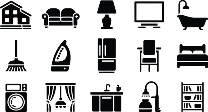Black and white icons of common household objects and furniture