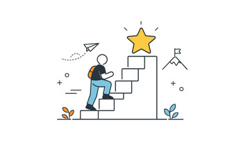 Achievement ladder concept. A conceptual illustration with a person or figure climbing abstract stairs toward a star or symbolic goal. The scene suggests