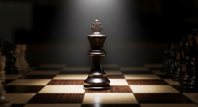 Dramatic close-up of a dark wooden chess king piece, symbolizing leadership, strategy, and the start of a game.