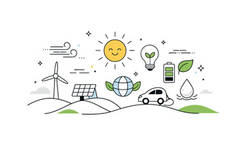 Obraz premium Green energy future. Abstract landscape with sun, wind, and energy symbols floating gently, expressing optimism and long-term sustainability. Clean, modern,