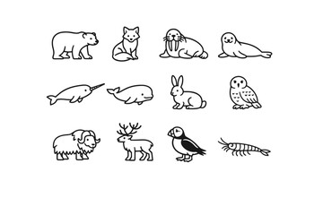 Polar Wildlife. Line icon set of Polar Wildlife: polar bear, arctic fox, walrus, seal, narwhal, beluga whale, arctic hare, snowy owl, musk