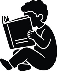 Child Reading Book Silhouette: Minimalist Illustration of a Young Boy Sitting on the Floor and Reading for Literacy and Education Concept