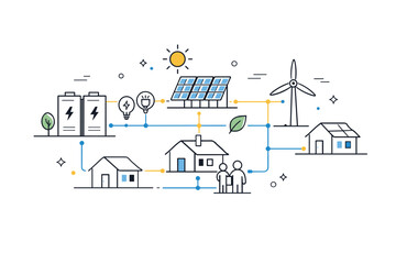 Community microgrid system. Homes, batteries, and renewable sources linked in a simple energy network. Cooperative energy sharing and local resilience with