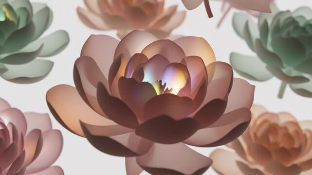 Delicate paper lotus flowers with soft pastel colors and subtle light effects