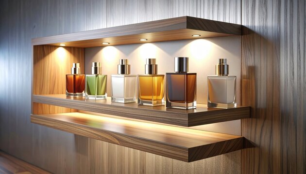 A professional camera shot of elegantly arranged perfume flacons on a floating walnut display shelf, illuminated by gentle ambient light, showcasing luxury products.