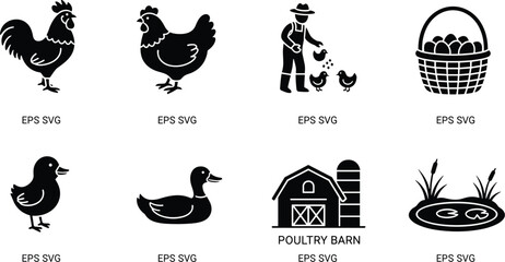 Comprehensive Poultry Farm Icon Set: Roosters, Hens, Ducks, and Farmer Silhouette Illustrations © TOP-designer