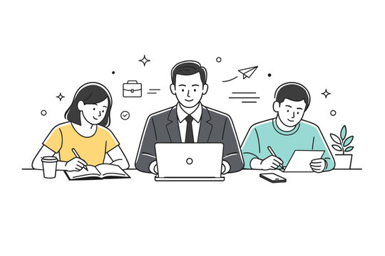 Leading by example. A professional works alongside others, focused and composed, without gestures or speech bubbles. The illustration conveys