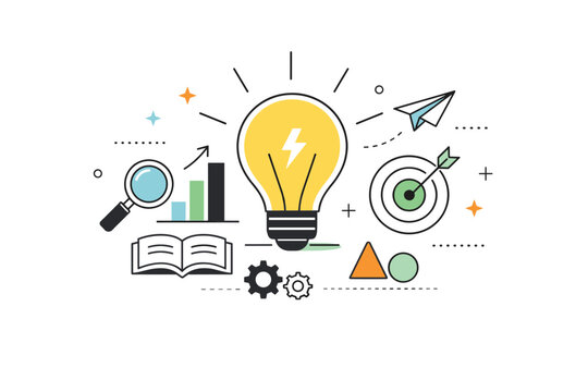 Geometric style illustration concept idea. A conceptual scene showing an idea or insight using geometric symbols like shapes and icons. The