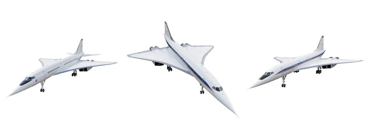 Supersonic passenger jet with delta wings and pointed nose, white fuselage, elegant design, isolated on pure white background, detailed product-style rendering