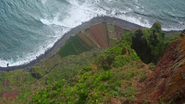 Bird's eye view of coastal farm terraces by the turquoise ocean.