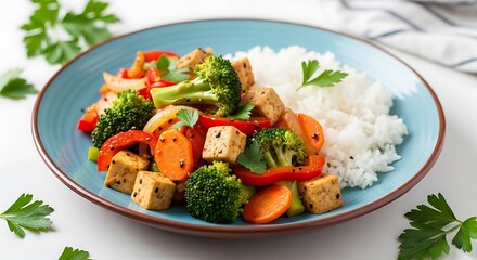 Colorful stir-fry with tofu, vegetables, and rice on a blue plate, garnished with parsley