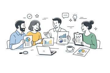 Corporate transparency and trust. Team members sharing reports and charts openly around a table. Friendly interaction showing honesty and